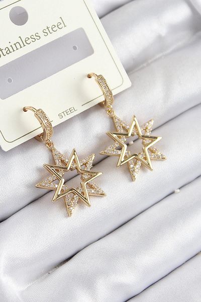 Celira Steel Zircon Stone Dangle Star Model Gold Color Women's Earrings