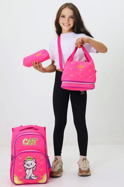 LUGMO 3-Piece Middle School Bag Set Primary School Bag Complete Lined Cat Pink