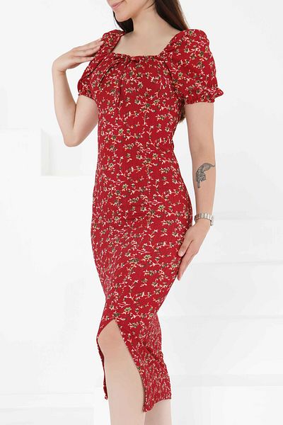 TOFİSA Princess Sleeve Slit Dress Burgundy - 27393