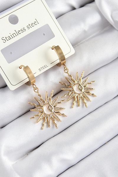 Celira Steel Zircon Stone Dangle Sun Model Gold Color Women's Earrings