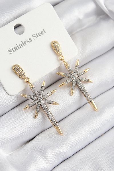 Celira Steel Zircon Stone Compass Star Model Gold and Silver Color Women's Earrings