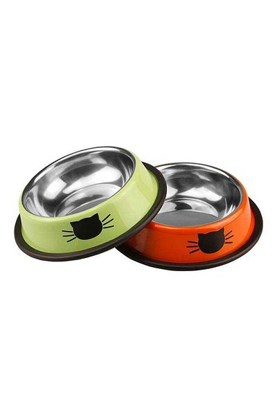 RUBIK 2-Piece Stainless Steel Cat Feeding Bowls Orange/Light Green 5.9x1.4x4.7centimeter