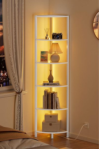 Yanara 6 Tier Standing Shelf With LED Light, Black Storage Rack for Wall Corner, Iron-Wood Display Stand