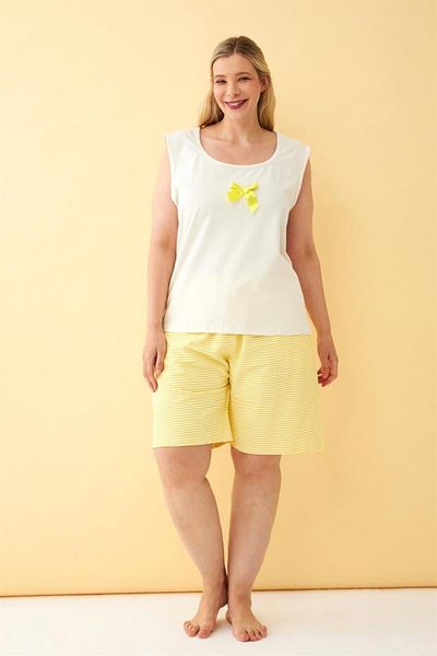 Celira Women's White Ribbon Detailed Yellow Striped Shorts Plus Size Pajama Set