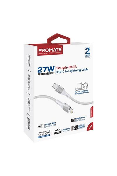 Promate The powerful and durable 27W USB-C to Lightning cable provides you with fast and reliable charging,