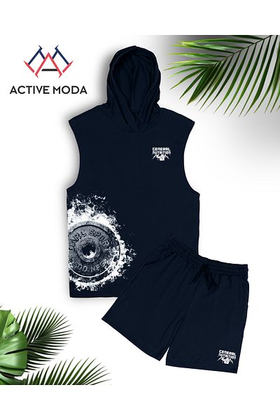 ACTIVE MODA -Men's Sports Gym Singlet-Shorts Suit Printed Ceneral Nutrition Cotton Fabric