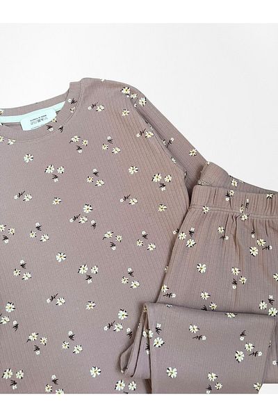 Pajama Shop Girls' 100% Cotton Fabric Lilac Color Ribbed Flower Patterned Long Sleeve Winter Pajama Set