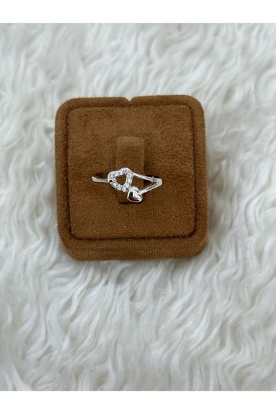 BY YASİN TOPÇU Adjustable Steel Ring with Double Heart Zircon