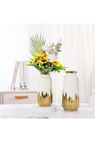 COOYA 24.5cm White Gold Vase Ceramic Vase,Home Decor with Electric Gold Plated Design,for Living Room