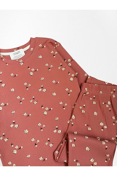 Pajama Shop Girls' 100% Cotton Fabric Brick Color Ribbed Flower Pattern Long Sleeve Winter Pajamas Set