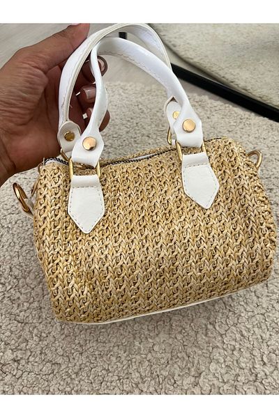 ESNEVA Straw Cream Color Zippered Stylish Design Women's Hand and Shoulder Bag