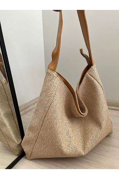 ESNEVA Women's Straw Mesh Braided Brown Leather Handle Detailed Shoulder Bag
