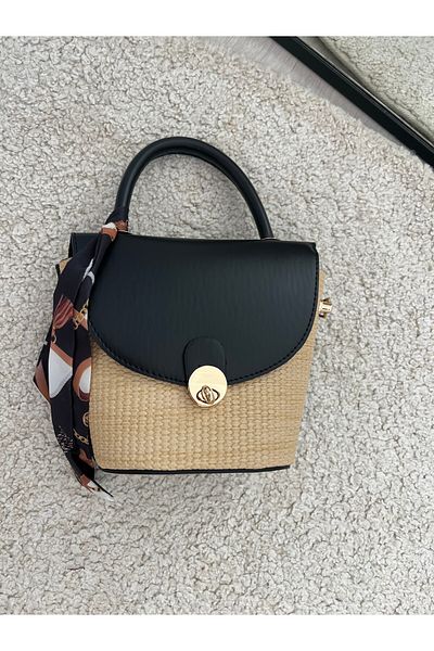 ESNEVA Women's Straw Gold Buckle and Scarf Detailed Women's Bag with Hand and Shoulder Strap