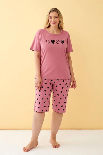 Celira Women's Salmon Heart Patterned Plus Size Capri Pajamas Set