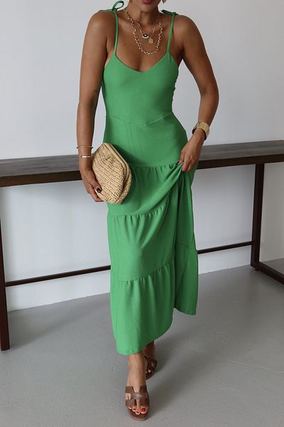 MODAGEN Rochie de damă, verde, cu bretele, cu detaliu de cravată, lungime maxi