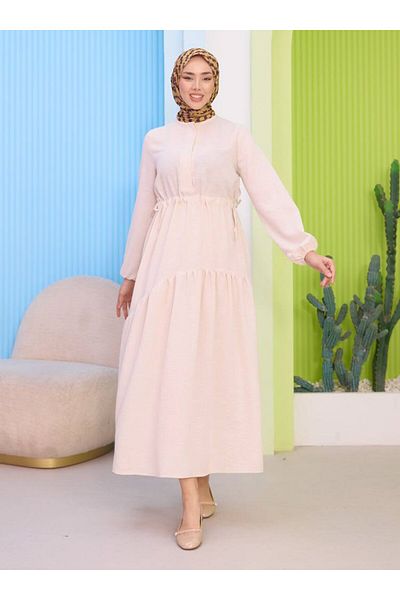 SAHRA BUTİK Belly Tie Linen Dress - Cream- Sahra Butik