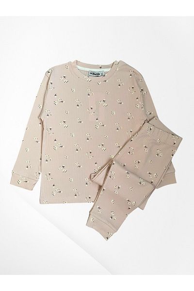 Pajama Shop Girls' 100% Cotton Fabric Light Pink Twill Flower Pattern Long Sleeve Winter Pajamas Set