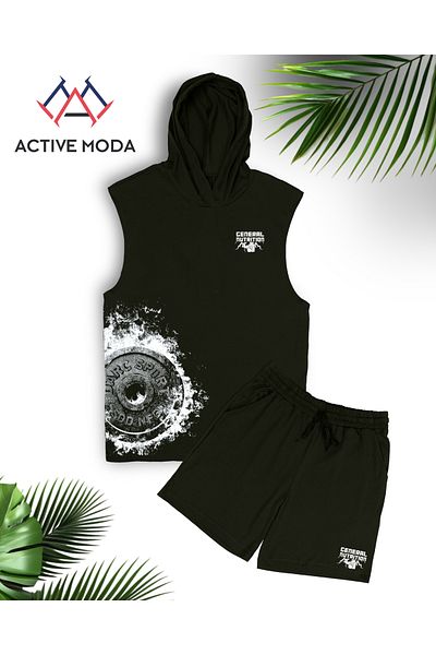 ACTIVE MODA -Men's Sports Gym Singlet-Shorts Suit Printed Ceneral Nutrition Cotton Fabric