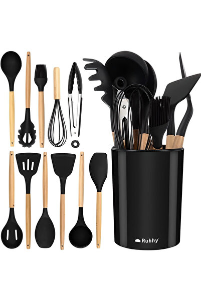 Ruhhy Set de ustensile de bucatarie de lux 12 bucati, lemn si silicon, spatul...