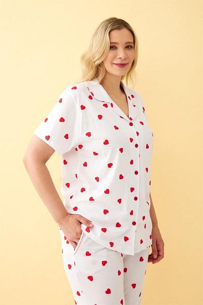 Celira Women's White Red Heart Patterned Front Button Plus Size Pajama Set