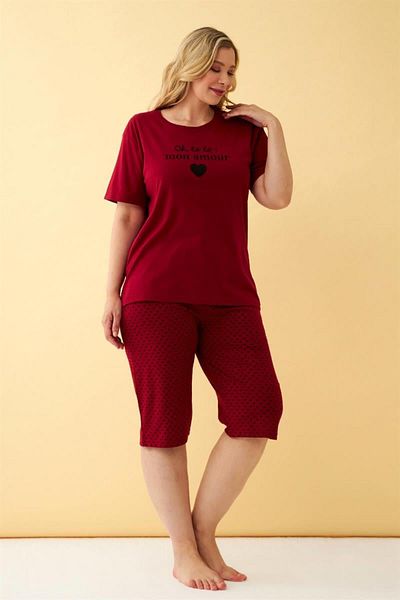 Celira Women's Burgundy Heart Patterned Plus Size Capri Pajama Set