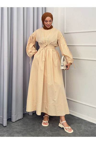 SAHRA BUTİK Belly Tie Dress - Cream - Sahra Butik