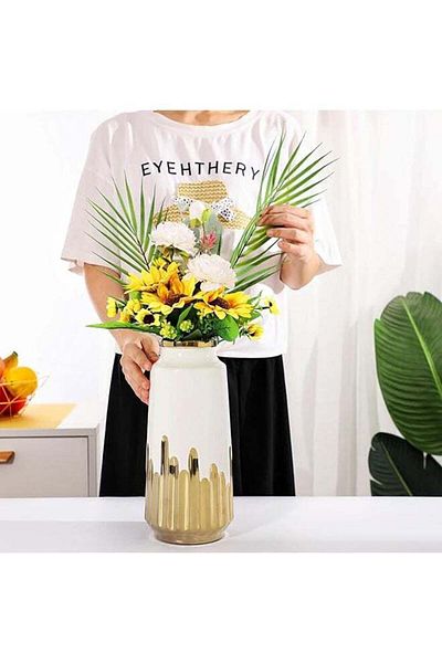 COOYA 24cm White Gold Vase Ceramic Vase,Home Decor with Electric Gold Plated Design,for Living Room,Hotel