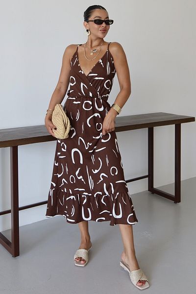 MODAGEN Rochie de damă maro cu model dublu piept, lungime maxi, cu bretele