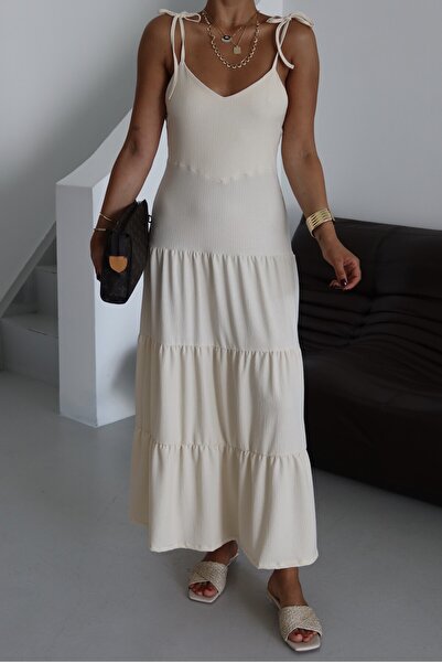 MODAGEN Women's Beige Strap Tie Detailed Maxi Length Crinkle Dress