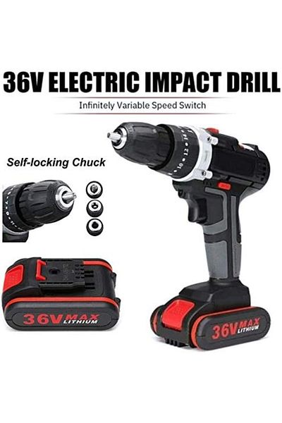 Saharaz 36V Electric Impact Cordless Drill,Wireless Rechargeable,1200w,6500 mAh,for Home DIY,Black