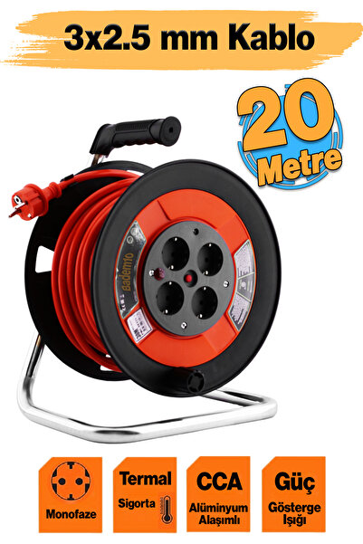 Badem10 Plastik Makaralı Monofaze Uzatma Kablosu 3x2.5 mm 20 Metre Seyyar CCA...