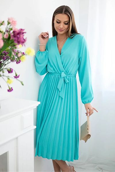 UniqueStore.ro Turquoise Pleated Midi Dress With Drawstring Waist - One Size