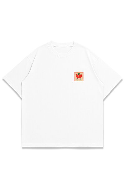 Tomato Desen Baskılı %100 Pamuk Kadın Oversize Tshirt Beyaz