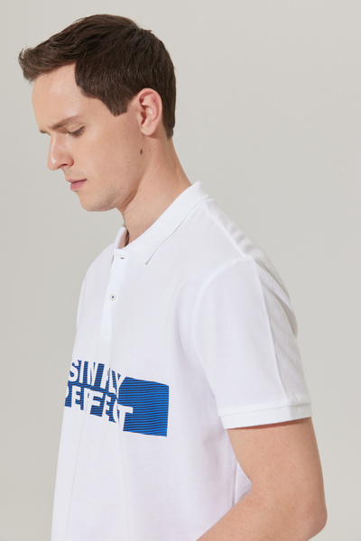 AC&Co / Altınyıldız Classics Men's White Standard Fit Regular Cut Polo Neck 100% Cotton Slogan Printed T-Shirt