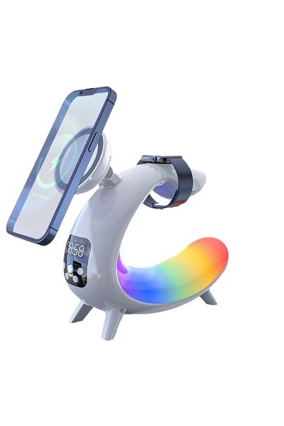 VENTLEX Incarcator Wireless,6 in 1 RGB Fast Charge, Cu boxa incorpoarata, ceas digital, Iluminare, Magsafe