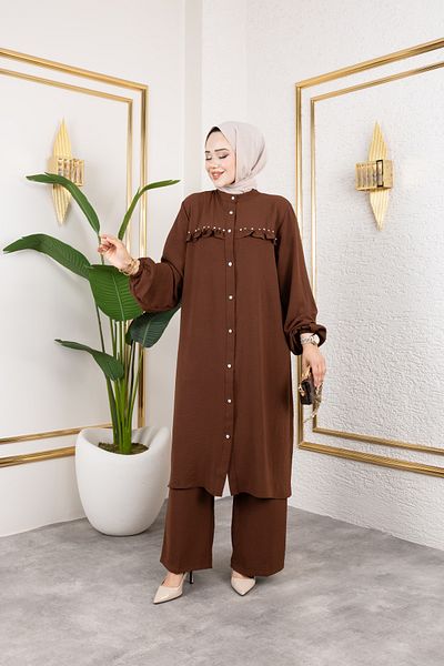 Nevayla Moda Ayrobin Fabric Pearl Detailed Suit / T112 - Brown