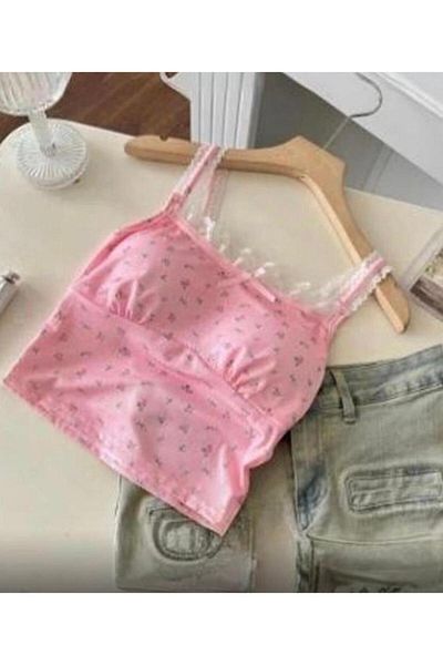 Wisevelya Pink Floral Lace Strap Crop