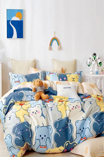 İQON Set cuvertură de pilota cu cearșaf elastic pentru o singură persoană Blue Teddy