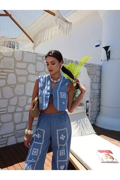 ESRAHELVACI Blue Embroidered Vest Suit