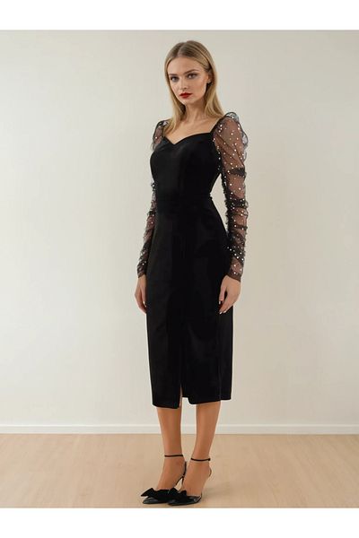 UniqueStore.ro Black Zofia Dress With Transparent Sleeves And Pearls