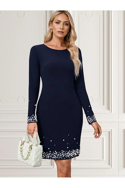 UniqueStore.ro Olinda Navy Blue Dress, Accessorized With Pearls
