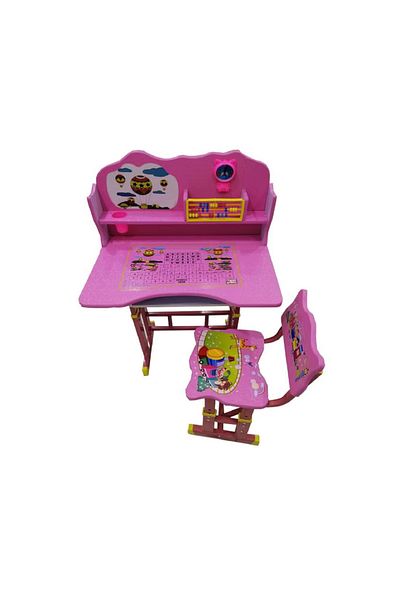 Amla Comfortable Student Learning Wooden Chair With Table With Vibrant Color, Pink