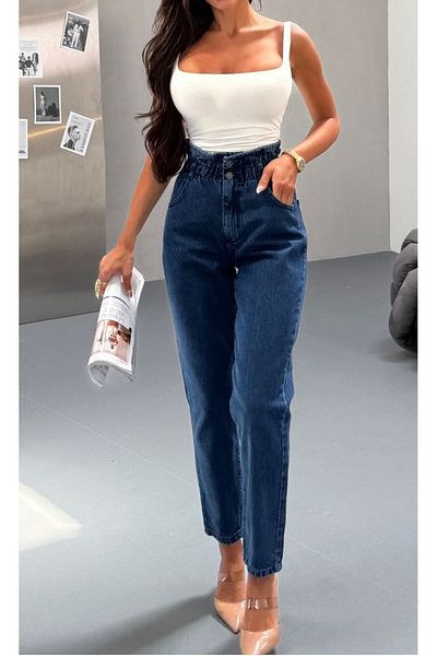 SHEVEGA Women's Dark Blue Belt Tight Elastic Mom Jeans Pants