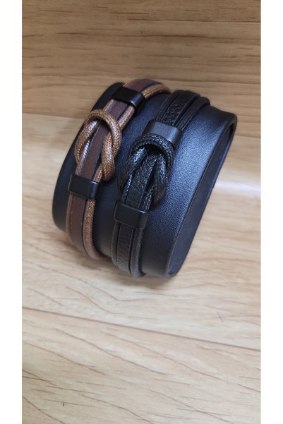 Satürn Silver Kuyumculuk Men's Leather Bracelet Magnetic Buckle Braided Bracelet