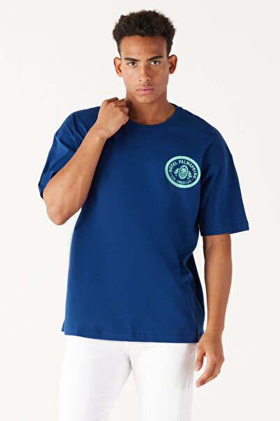 AC&Co / Altınyıldız Classics Ανδρικό μπλουζάκι Navy Blue Oversize Loose Cut Crew Neck 100% βαμβακερό εμπριμέ μπλουζάκι