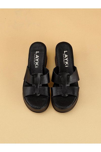 layki Solena Comfortable Summer Model Genuine Leather Women's Genuine Leather Wedge Heel Slippers