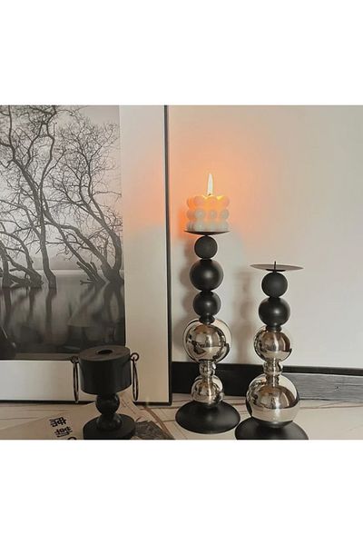 LUXXO Suport lumânare, Ruan M, metal negru și argintiu, 8x8x27cm, 1 bucată