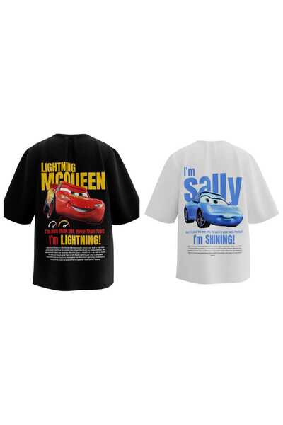 donamod Kadın Erkek Unisex Şimşek Mcqueen- Sally Cars Sevgili Çift Kombini Oversize Tshirt 2'li Takım