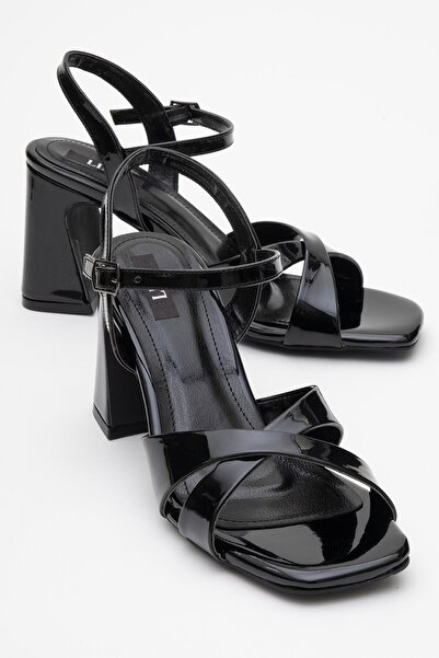 Lizy Shoes Sandale cu toc pentru femei, din piele lacuită neagră, cu bretele ...