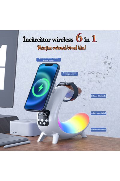 VENTLEX Incarcator Wireless,6 in 1 RGB Fast Charge, Cu boxa incorpoarata, ceas digital, Iluminare, Magsafe